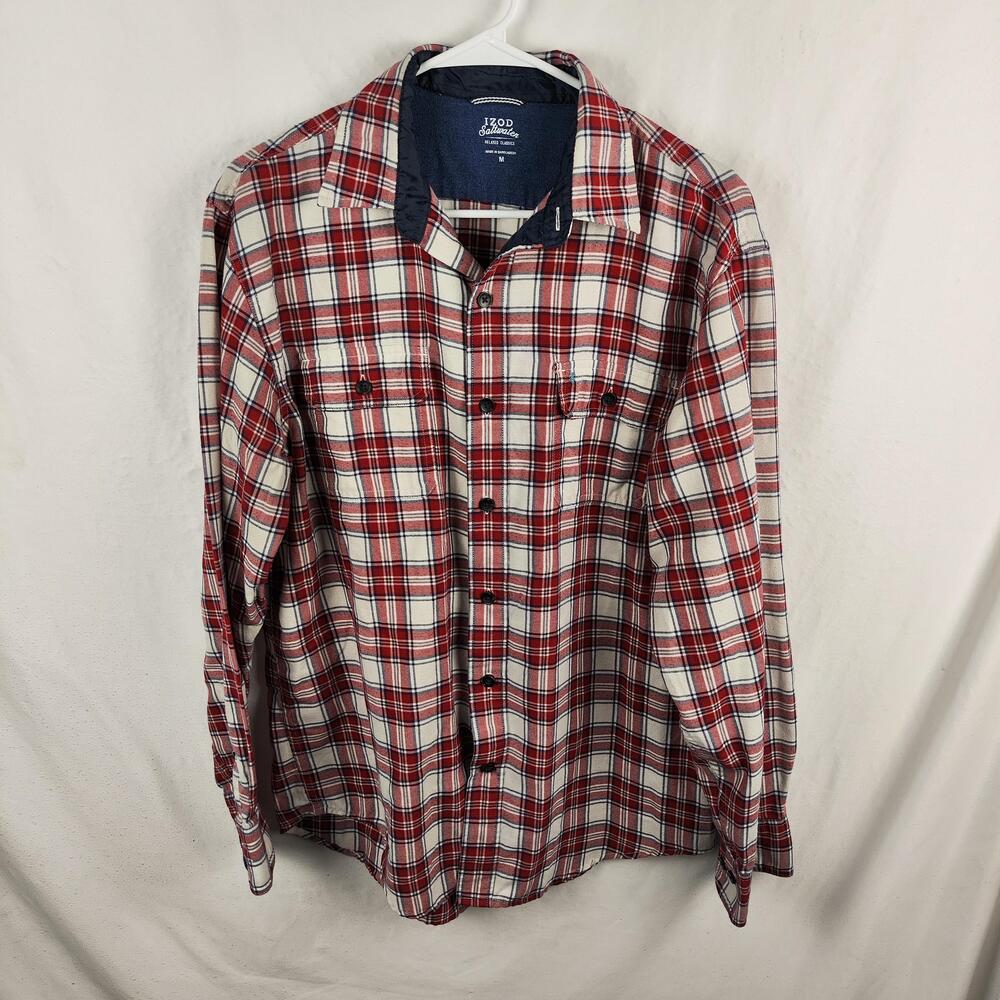 IZOD Shirt Mens Medium Red Plaid Flannel Button Front Long Sleeve Relaxed Fit
